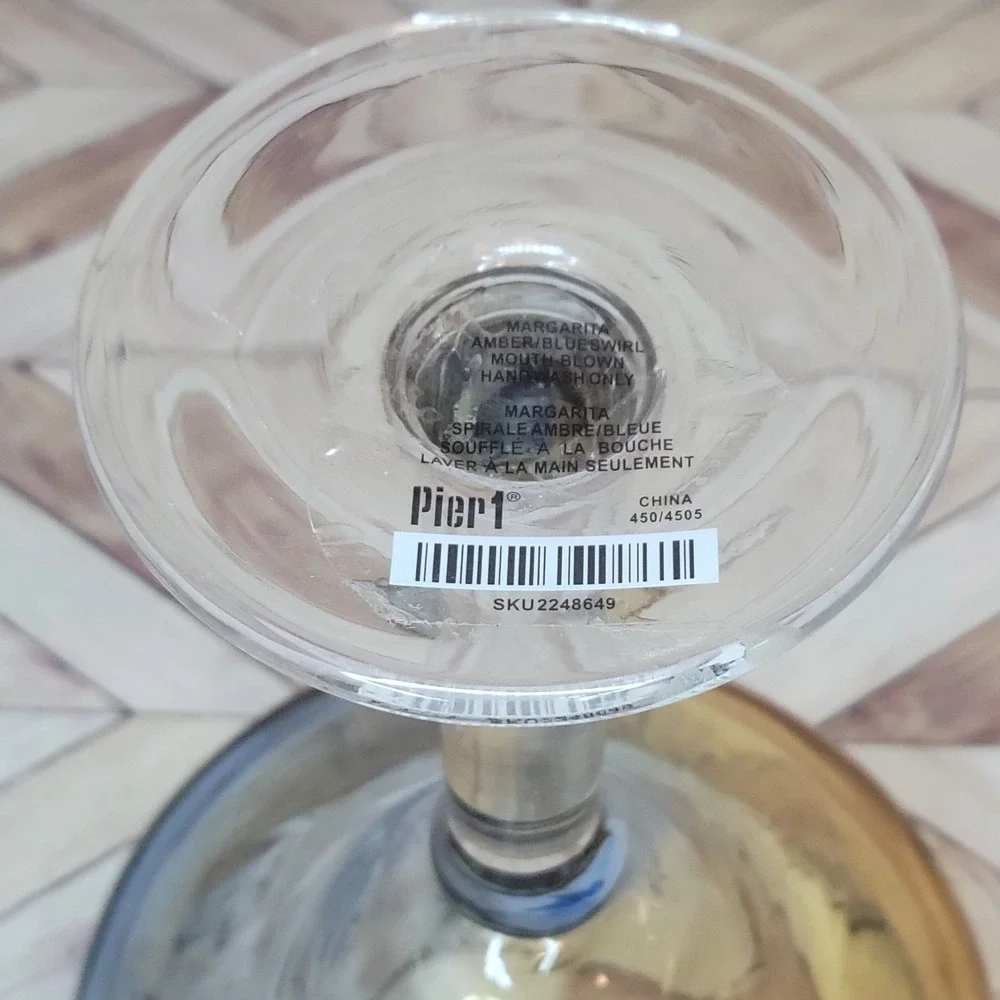 VTG Pier 1 Margarita Glasses Set Of 4 Ombré Amber Blue Swirl Barware Mouth Blown